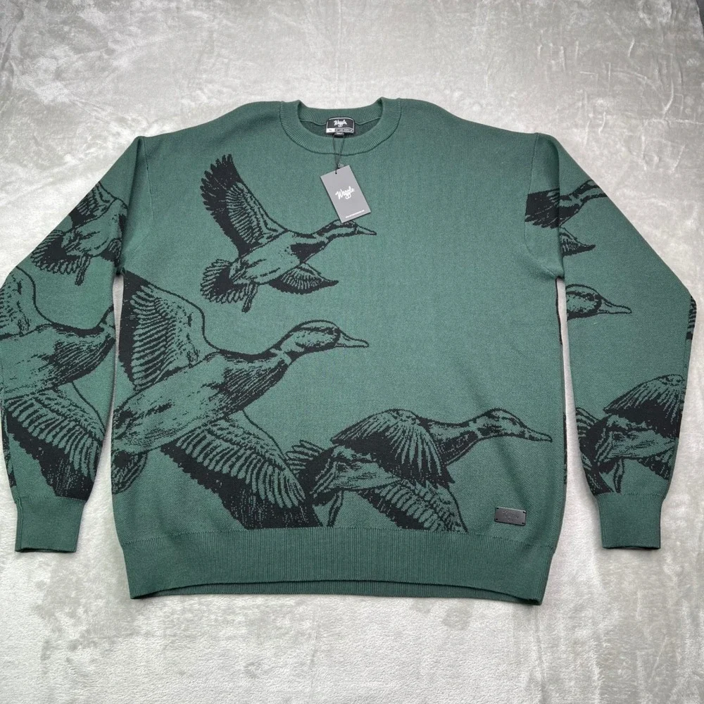 Waggle Migration Wildknit Sweater Mens 2XL Green Black Duck Graphic Crewneck‎
